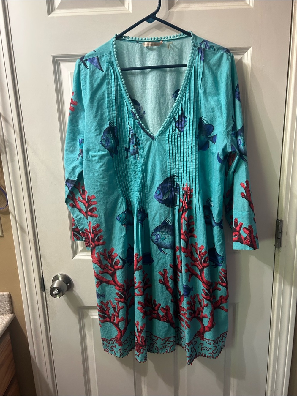 Soft Surroundings Turquoise Coral & Navy Fish Long-Sleeve Dress